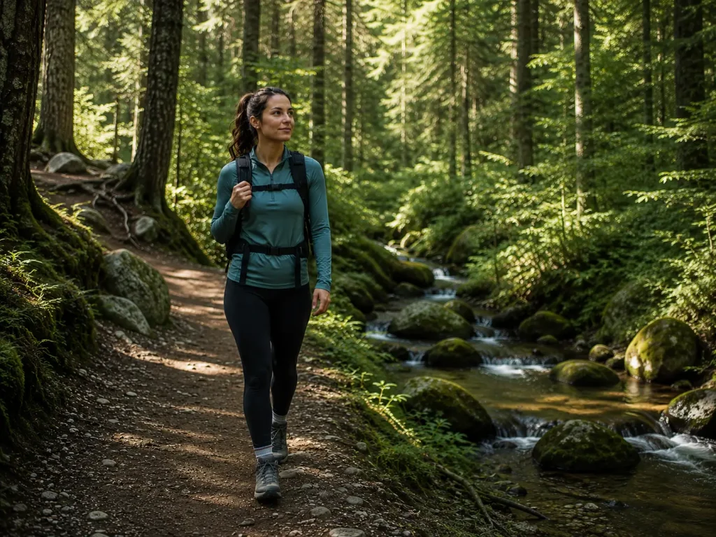 Woman hiking alone on a quiet forest trail looking confident and relaxed