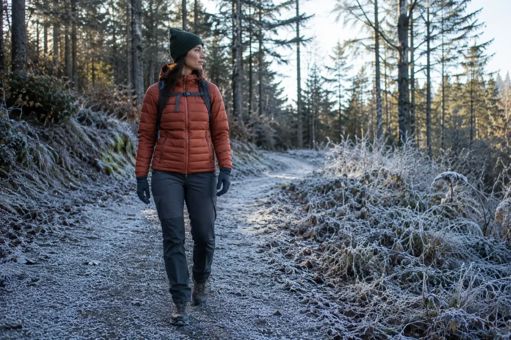 Woman hiker in full cold weather layered hiking outfit on winter trail