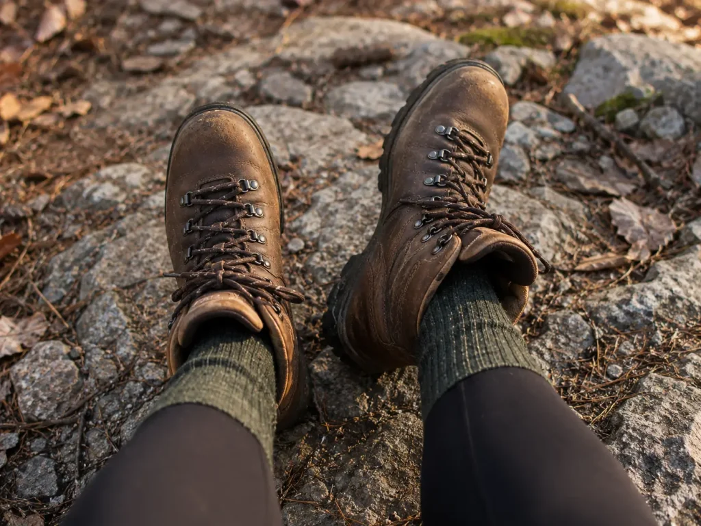 Close up of women’s hiking boots and wool socks on rocky trail