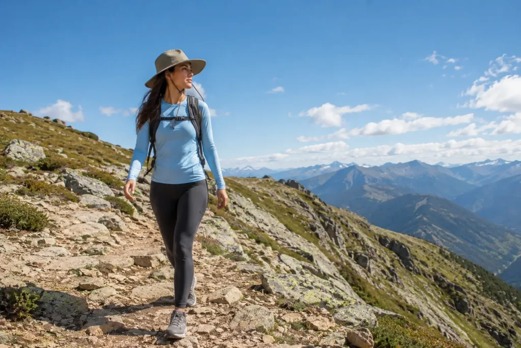 Woman in summer hiking outfit on exposed mountain trail