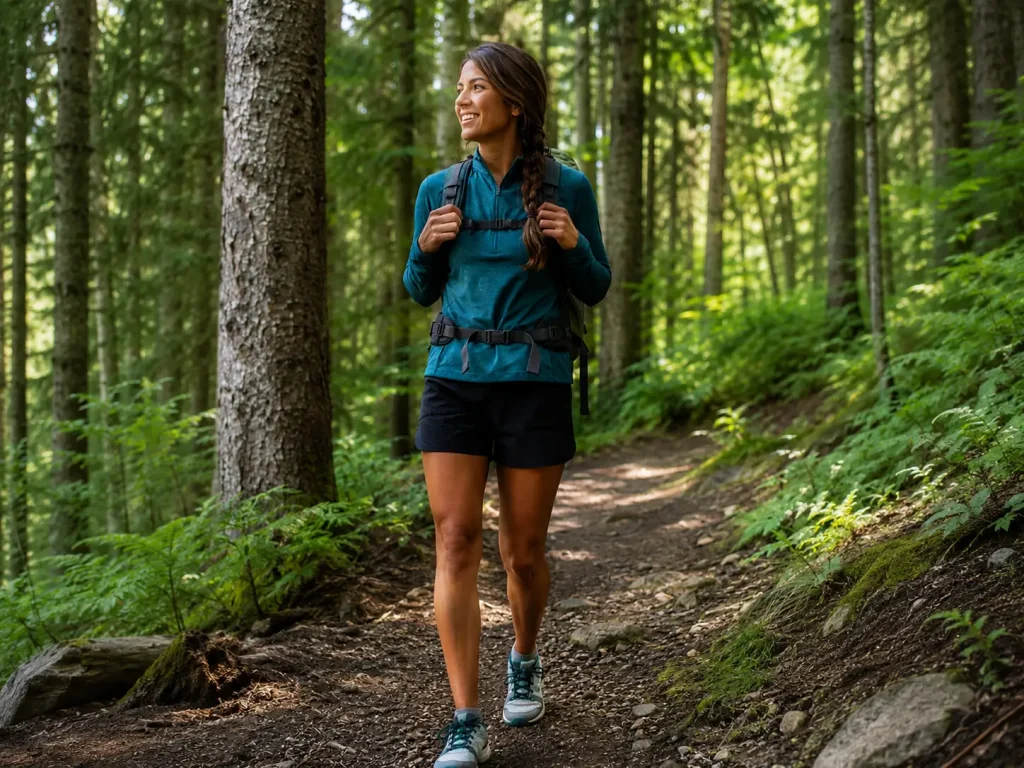 Woman hiking confidently in trail runners on a forest trail with daypack