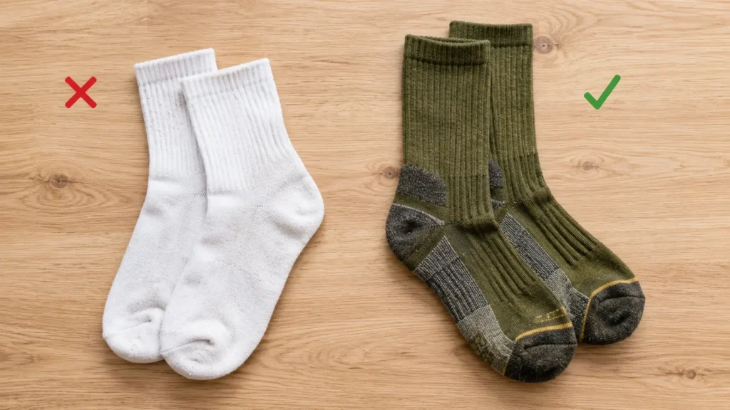 Best Hiking Socks for Women: What Actually Makes a Difference on Trail Side by side comparison of cotton athletic socks and merino wool hiking socks