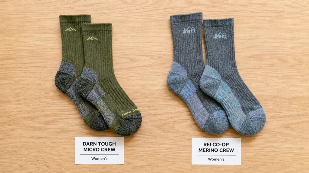 Best Hiking Socks for Women: What Actually Makes a Difference on Trail Flat lay of Darn Tough and REI Co-op women's hiking socks side by side