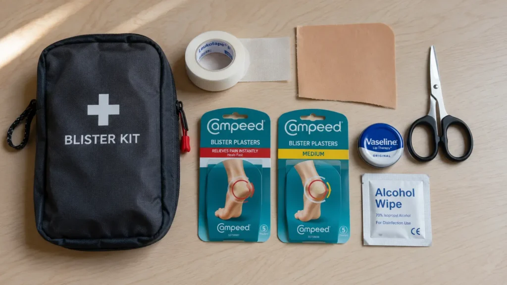 Hiking blister kit laid out including Leukotape, moleskin, Compeed plasters and scissors