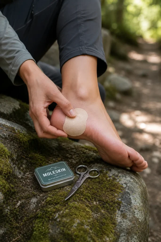 Woman applying moleskin doughnut around a blister on her foot on the trail