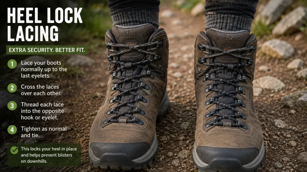 Close-up of hiking boot laces showing the heel lock lacing technique