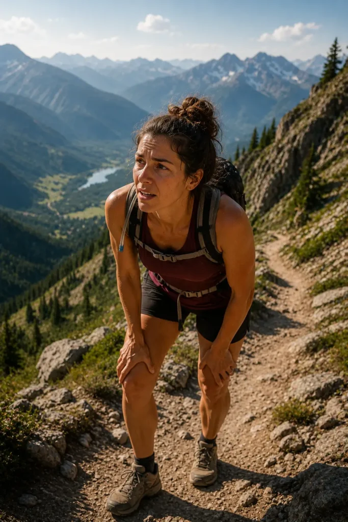 How Many Calories Does Hiking Burn? Honest Answer for Beginner Women Woman hiking steep rocky switchback trail with mountain views behind her