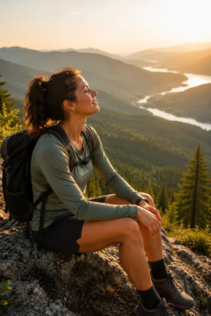 How Many Calories Does Hiking Burn? Honest Answer for Beginner Women Woman sitting on a mountain viewpoint looking relaxed and healthy after a hike
