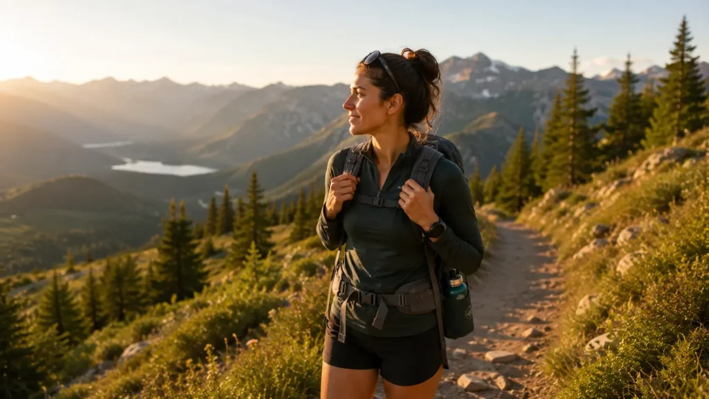 Woman hiking confidently on a trail having learned from beginner mistakes