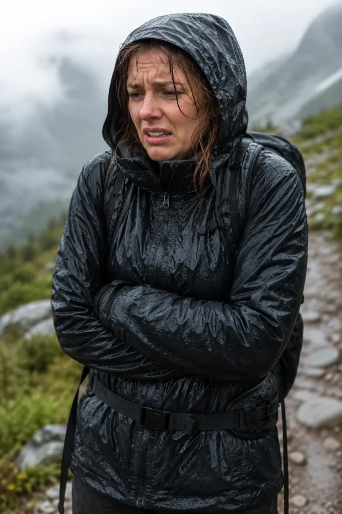 Woman in a non-breathable waterproof jacket looking wet and uncomfortable on a hiking trail