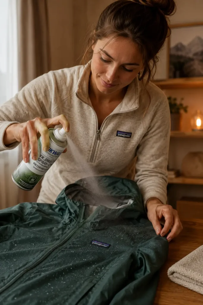 Woman applying DWR spray to her hiking rain jacket to restore waterproofing