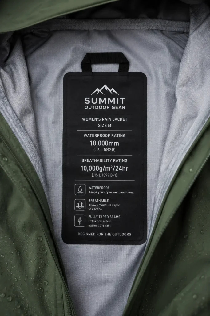 Close-up of a hiking rain jacket technical label showing waterproofing and breathability ratings