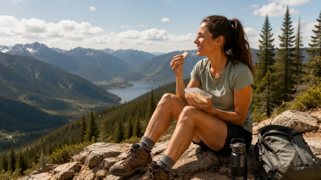 Woman taking a snack break on a trail eating peanut butter crackers with a view