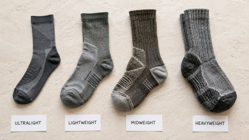 Best Hiking Socks for Women: What Actually Makes a Difference on Trail Four hiking socks of different cushion weights arranged from thin to thick