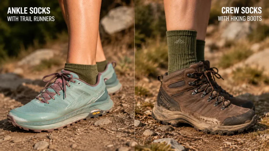 Best Hiking Socks for Women: What Actually Makes a Difference on Trail Woman showing different hiking sock heights — ankle sock with trail runner, crew sock with hiking boot