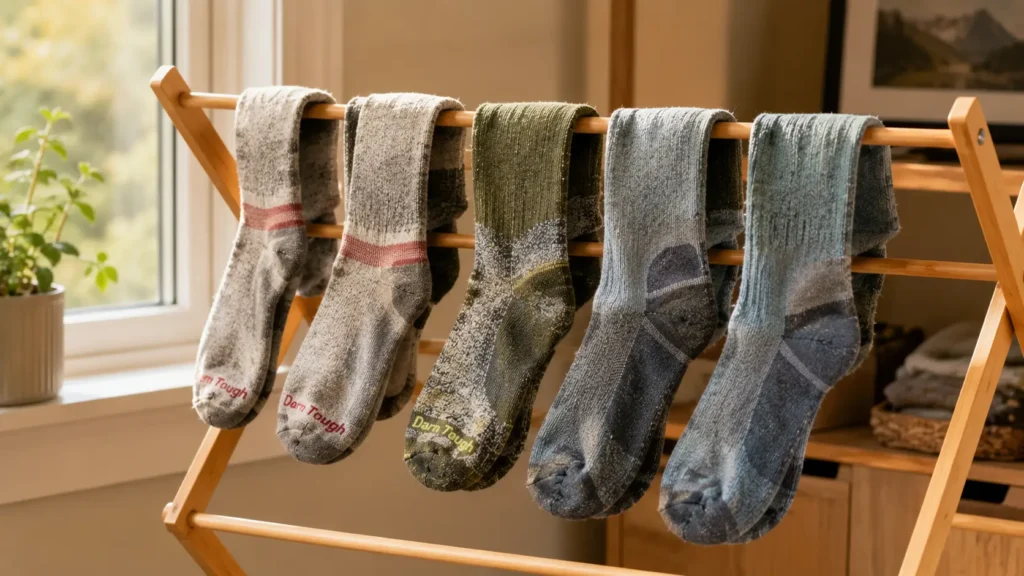 Best Hiking Socks for Women: What Actually Makes a Difference on Trail Hiking socks turned inside out and air drying on a rack after washing