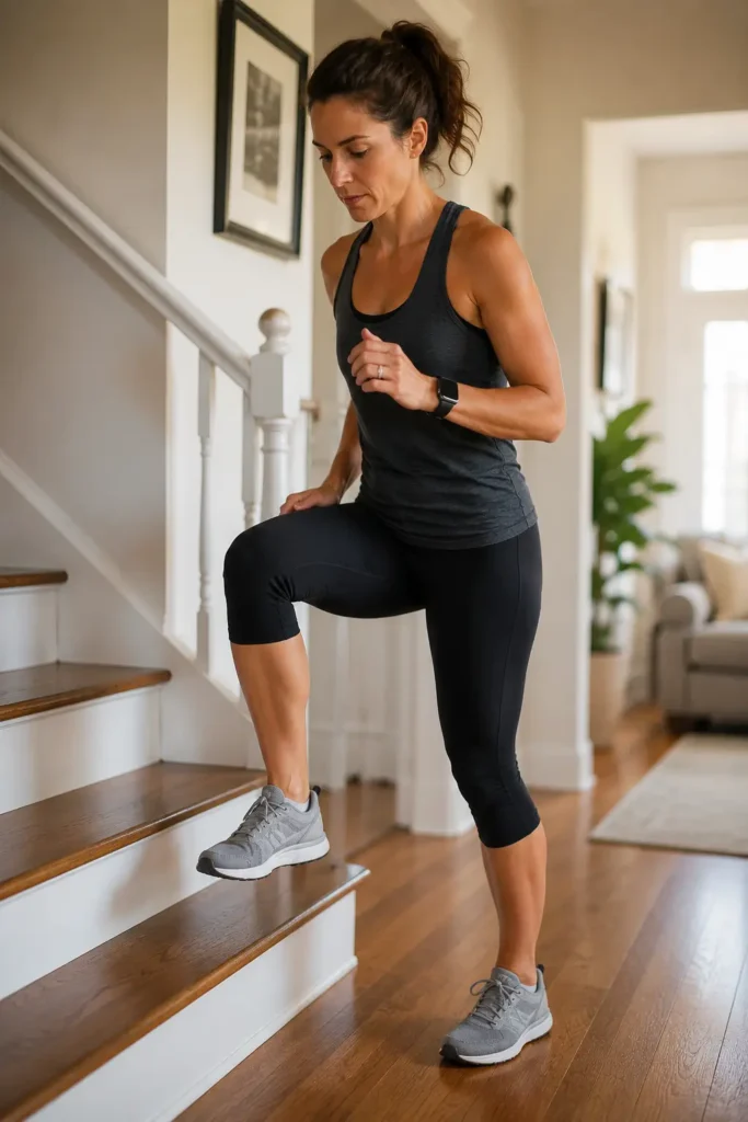 How to Train for Hiking as a Beginner Woman (No Gym Required) Woman doing step-ups on her home staircase as hiking training