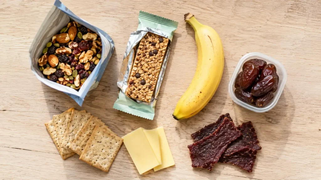 Flat lay of hiking trail snacks including trail mix, energy bar, banana and dates