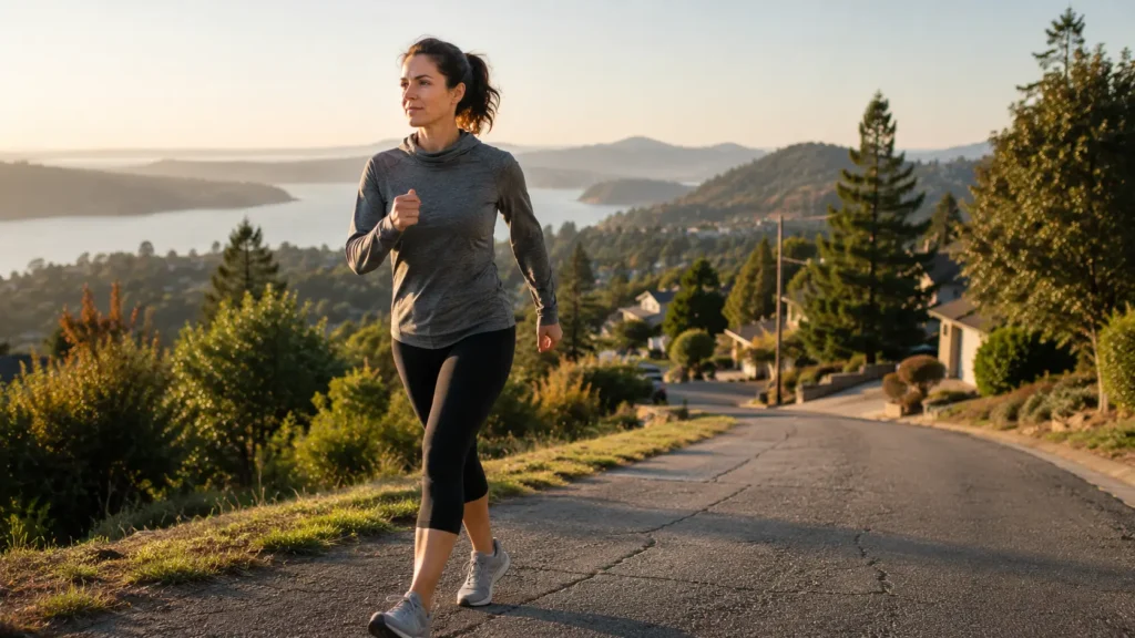How to Train for Hiking as a Beginner Woman (No Gym Required) Woman power walking on a hilly path near home as hiking cardio training