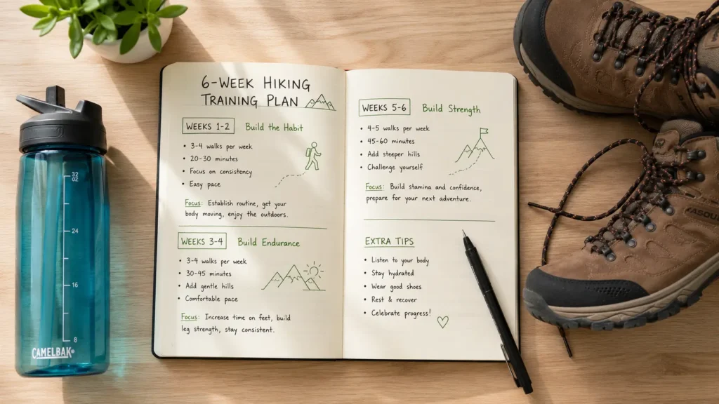 How to Train for Hiking as a Beginner Woman (No Gym Required) 6-week hiking training plan written in a notebook with a water bottle and hiking boots beside it