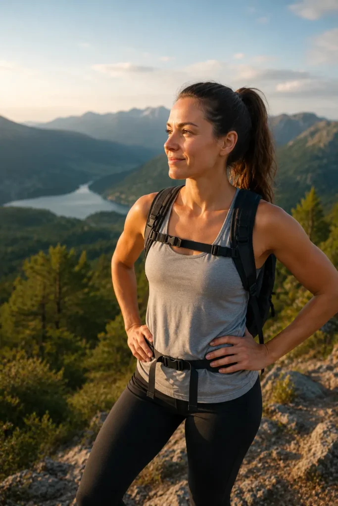 How to Train for Hiking as a Beginner Woman (No Gym Required) Woman standing at a trail viewpoint looking proud and accomplished after building fitness