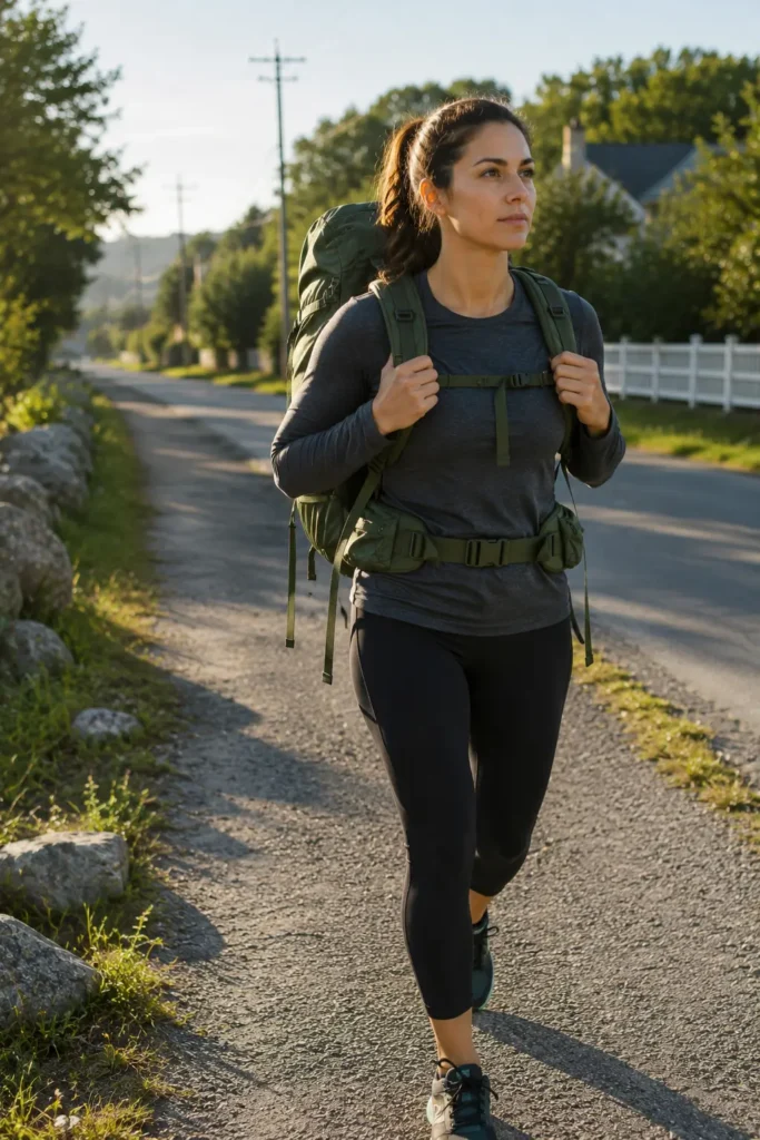 How to Train for Hiking as a Beginner Woman (No Gym Required) Woman walking outdoors with a loaded hiking daypack as training