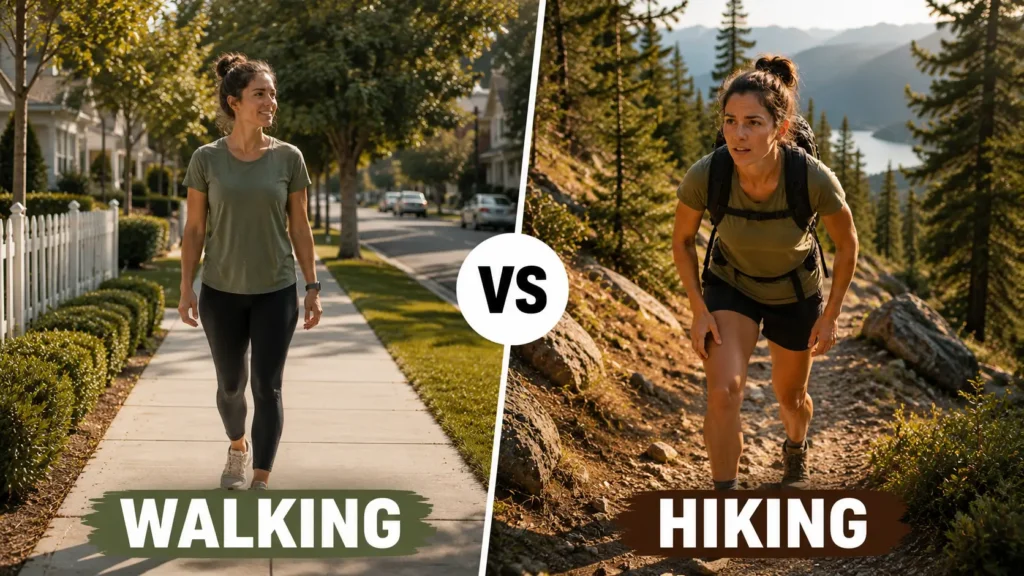 How Many Calories Does Hiking Burn? Honest Answer for Beginner Women Woman walking on a flat path vs hiking uphill side by side comparison