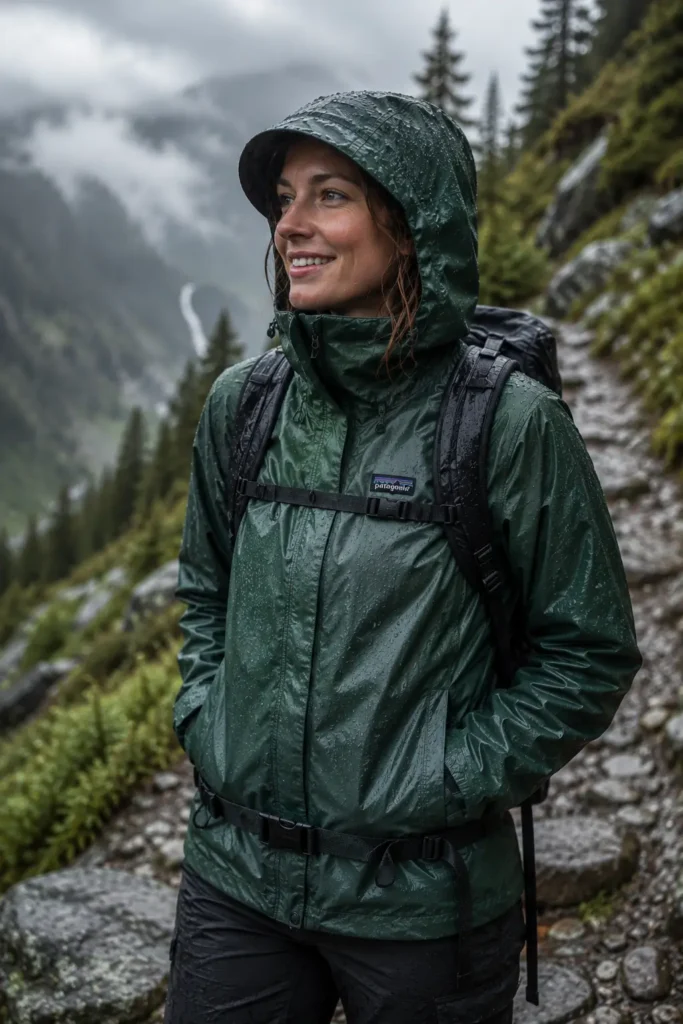 Woman wearing green Patagonia Torrentshell rain jacket on a wet mountain trail