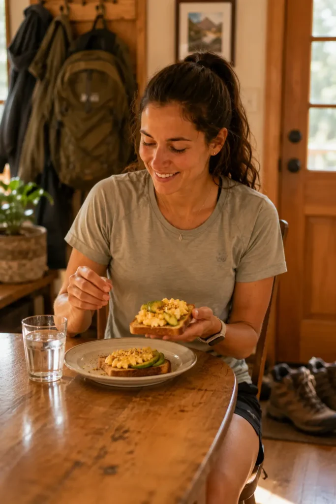 Woman eating a recovery meal of eggs on toast after a hike at home