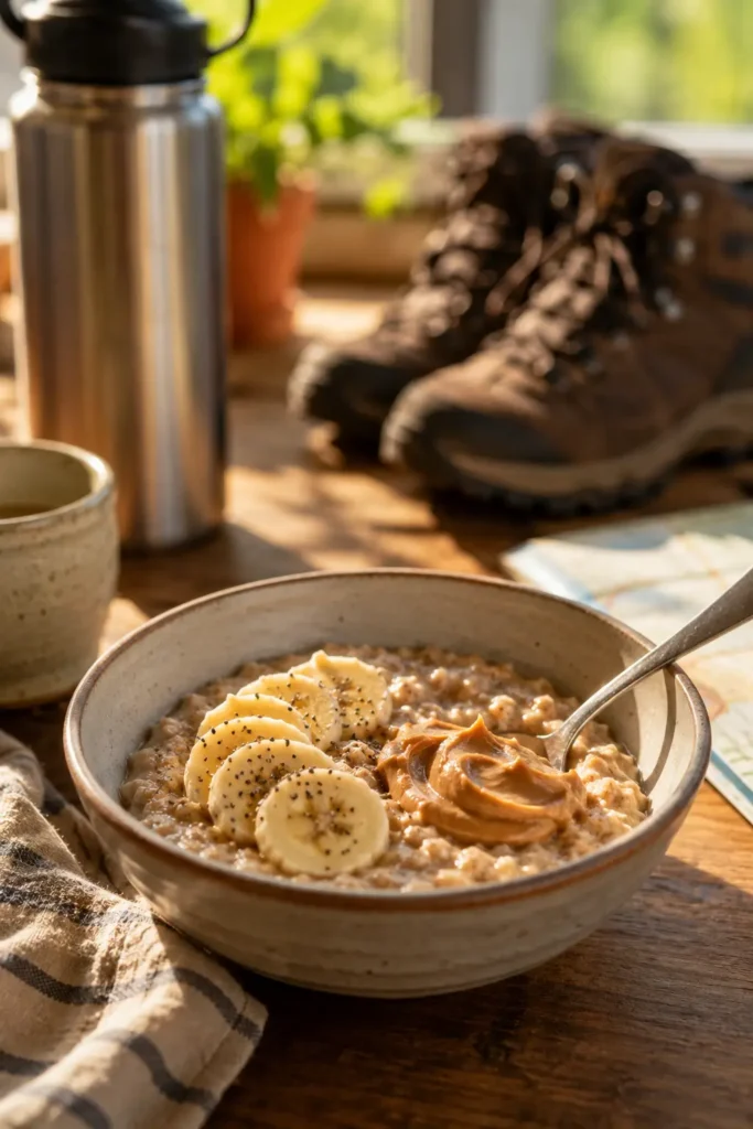 Bowl of oatmeal with banana and peanut butter as a pre-hike breakfast