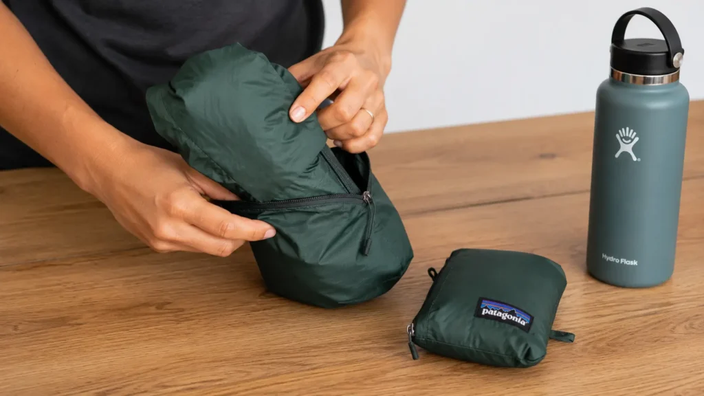 Hiking rain jacket packed into its own chest pocket to show packability