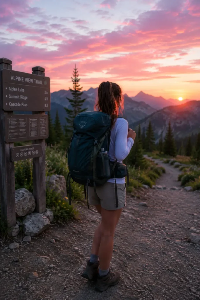 Woman at a trailhead at sunrise ready to start a summer hike before the heat arrives