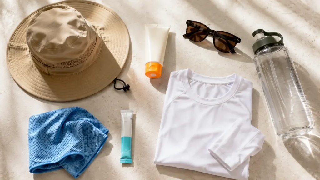 Summer hiking gear flat lay including wide-brim hat, sunscreen, sunglasses and electrolytes
