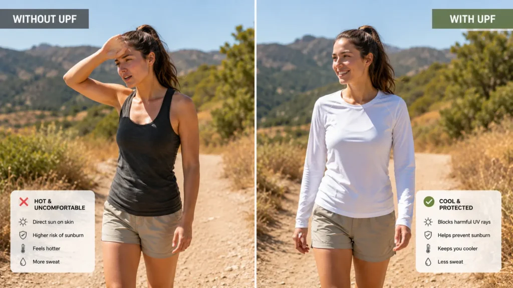 Split comparison of wrong vs right summer hiking clothing for women