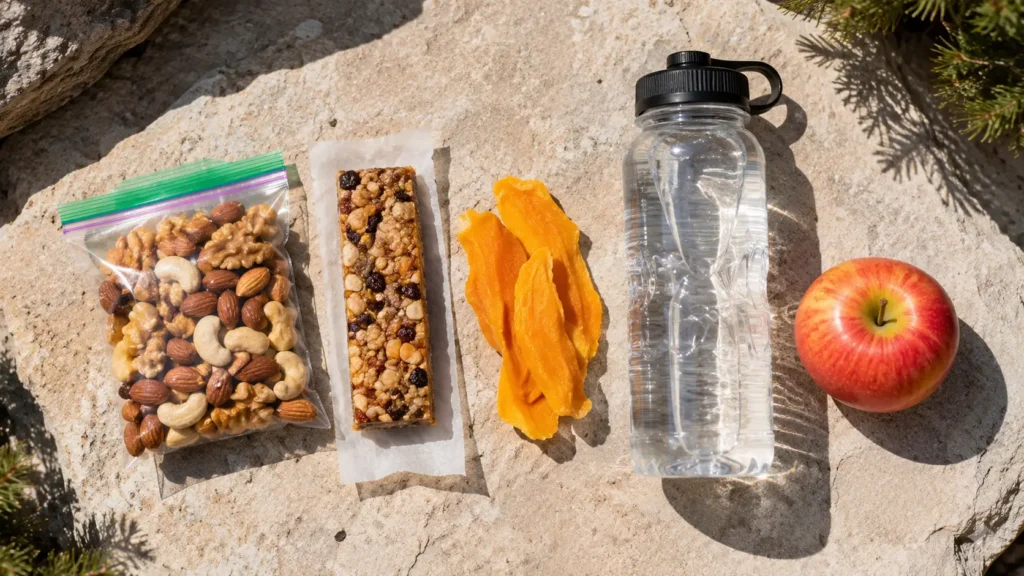 How Many Calories Does Hiking Burn? Honest Answer for Beginner Women Flat lay of hiking trail snacks including nuts, energy bar and water bottle