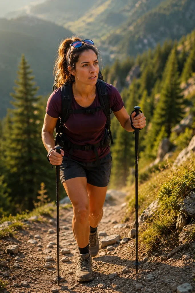 How Many Calories Does Hiking Burn? Honest Answer for Beginner Women Woman using trekking poles while hiking uphill engaging upper body