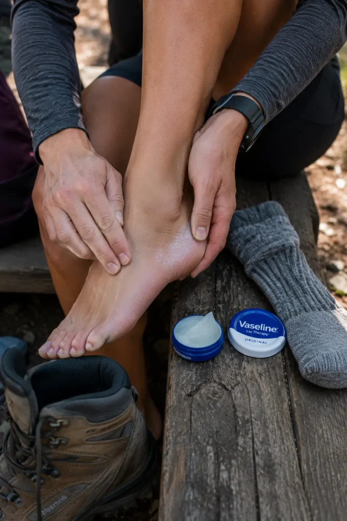 Woman applying vaseline to her heel before putting her hiking socks on
