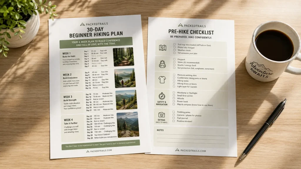 Printed 30-day beginner hiking plan PDF laid out on a table with coffee and pen