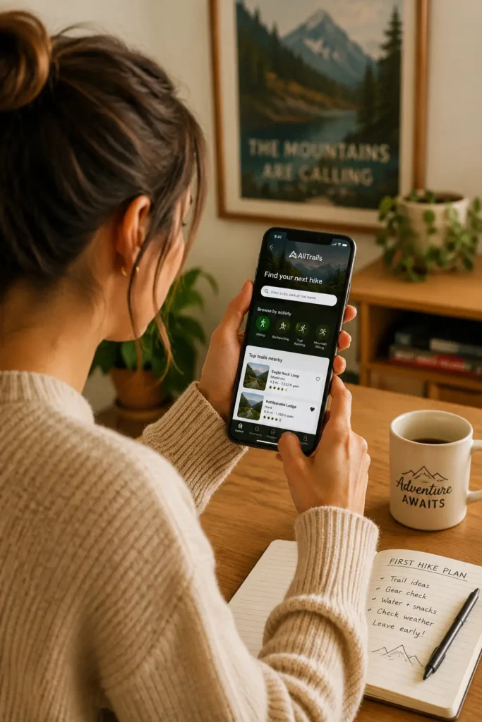 Woman searching for beginner hiking trails on AllTrails app on her phone at home