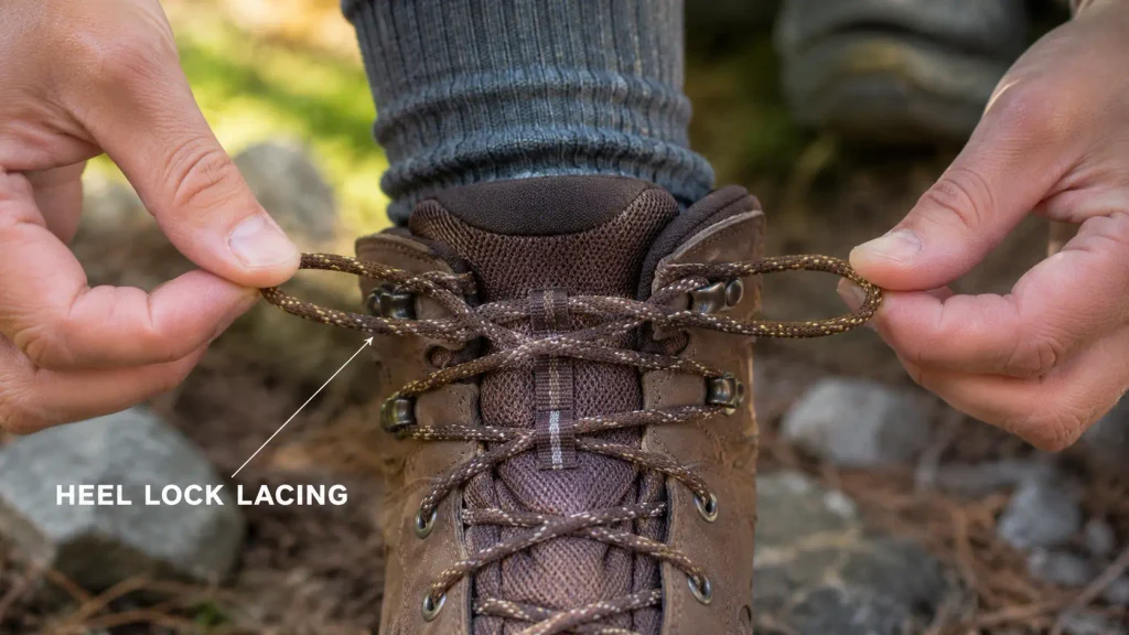 Close-up of hiking boot showing heel lock lacing technique with lace threaded through top eyelets