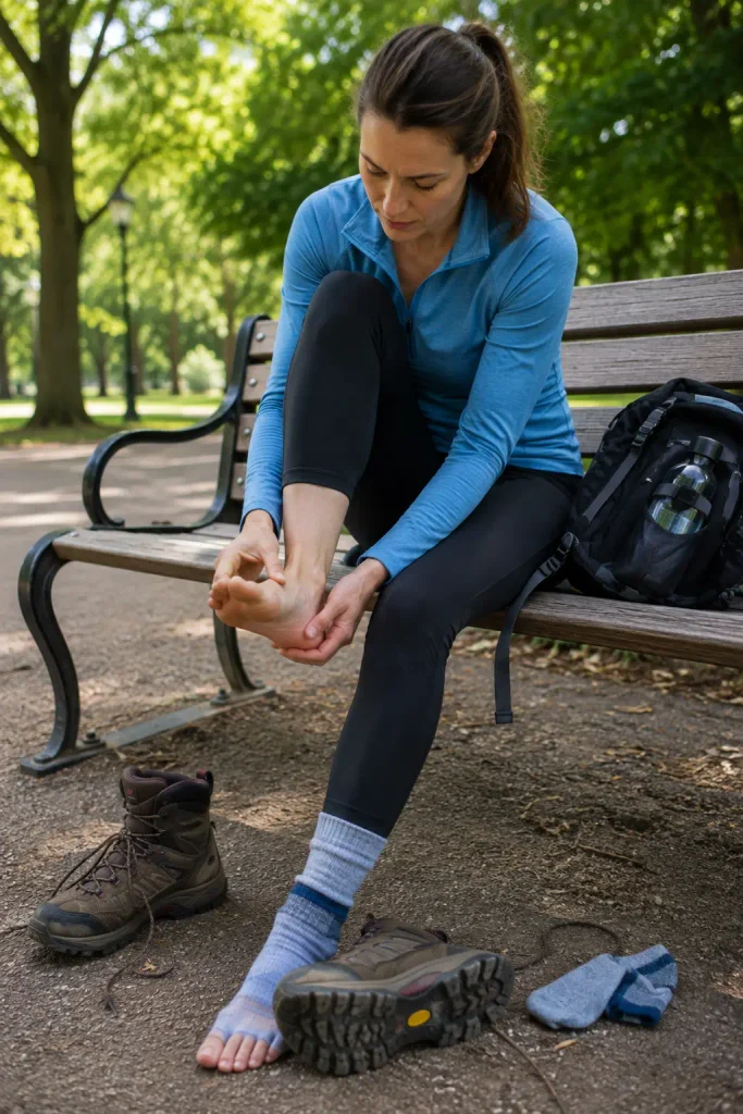 Woman checking her heel for redness after a break-in walk, boot off, examining foot