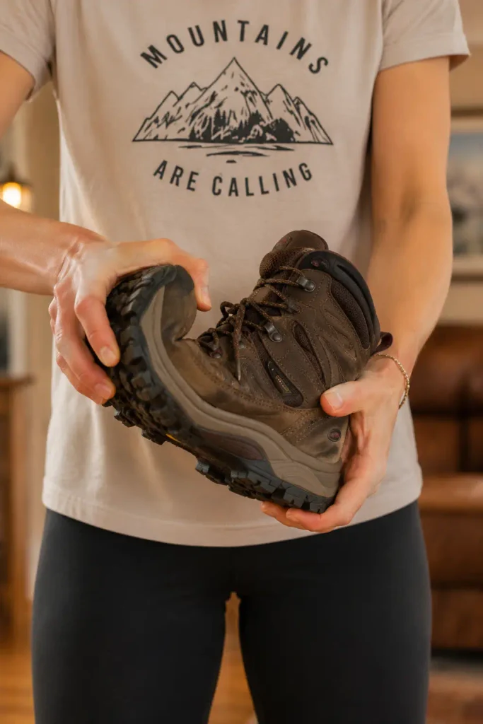 Woman's hands manually flexing the sole of a hiking boot at the ball of the foot to speed up break-in