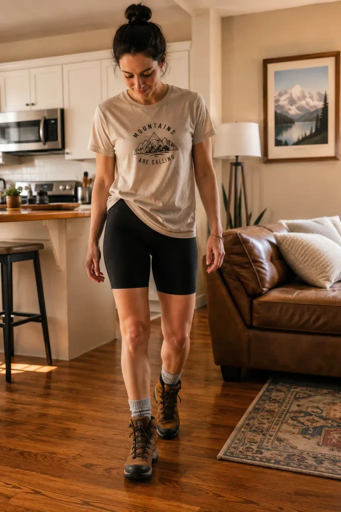 Woman walking through her home wearing new hiking boots with hiking socks during the break-in process