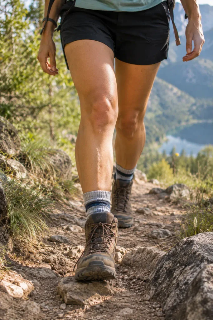 Well-worn hiking boots on a woman's feet on a beautiful trail, looking shaped and comfortable