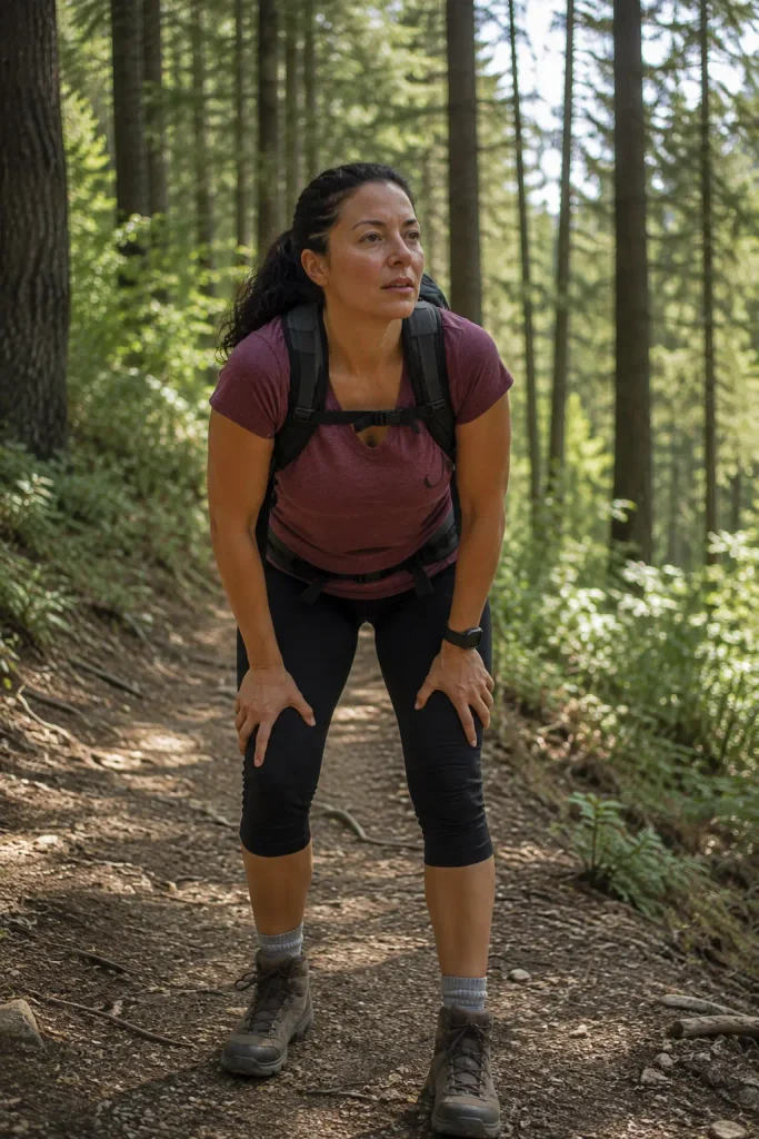 Woman stopping briefly on a gentle trail incline to catch her breath, one hand on knee