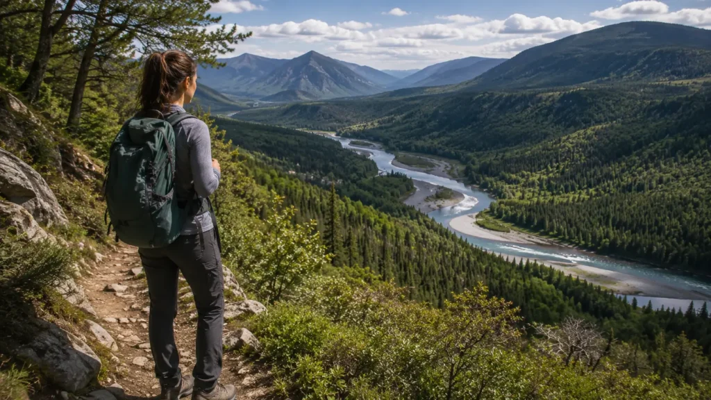 What to Do If You Get Lost Hiking: A Calm Step-by-Step Guide for Women Woman on a trail looking down at a river valley below — a catching feature visible from the trail