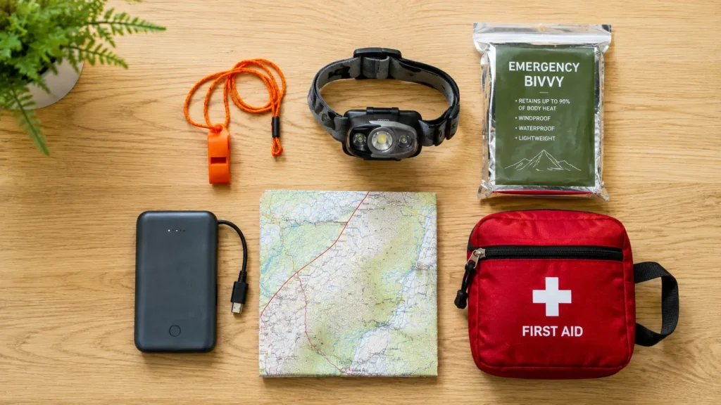 What to Do If You Get Lost Hiking: A Calm Step-by-Step Guide for Women Hiking emergency kit laid out including whistle, headtorch, emergency bivvy and portable charger