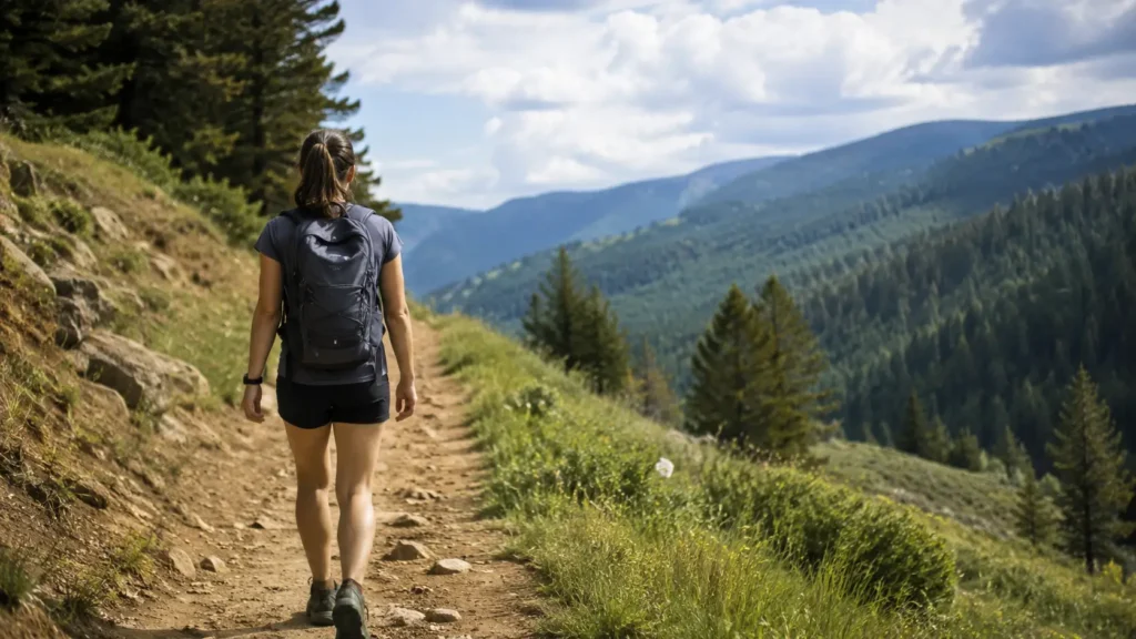 Woman on a familiar local trail she hikes regularly, relaxed and completely at ease