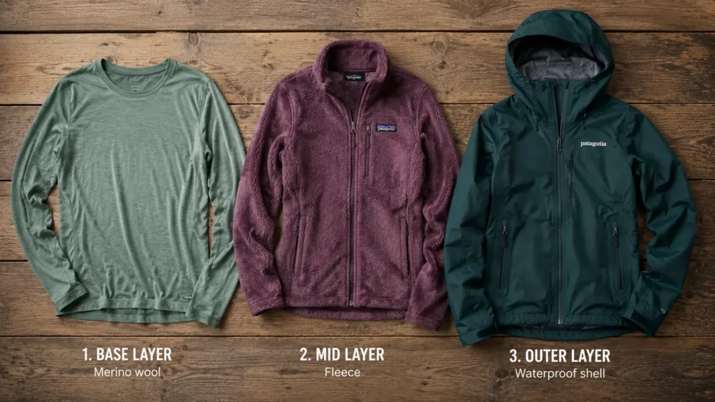 What to Wear Hiking in the Rain: The Beginner Woman's Guide Three-layer hiking system laid out — base layer, fleece, waterproof jacket