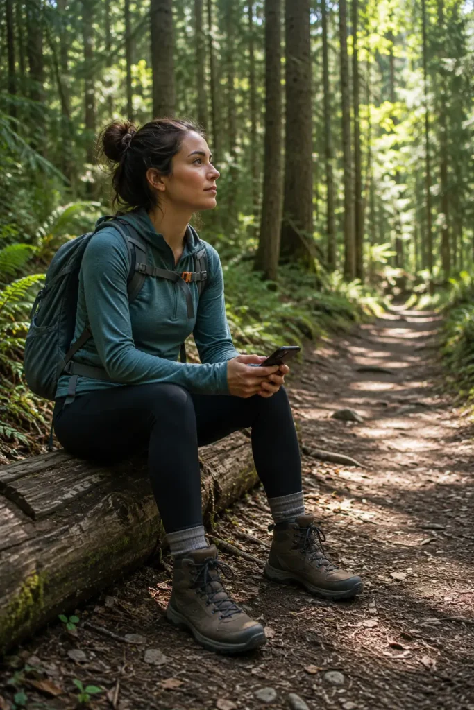 What to Do If You Get Lost Hiking: A Calm Step-by-Step Guide for Women Woman sitting calmly on a trail log assessing her surroundings when unsure of her location